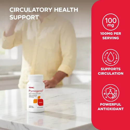 Vista 3 de GNC Pycnogenol 100 mg, apoya la salud circulatoria, 30 cápsulas Powerful Antioxidant that Protects Cells from Free Radical Damage and Helps