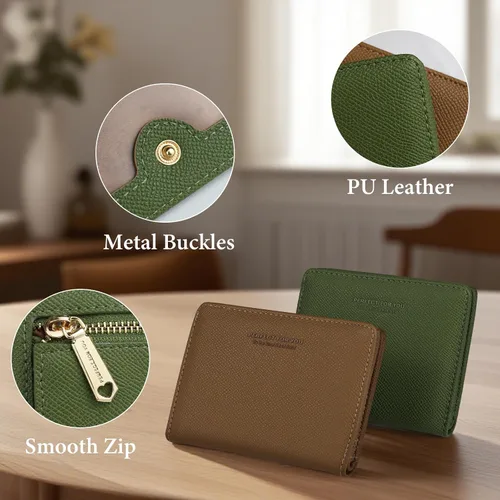 Vista 4 de WishLotus Cartera pequeña para mujer, cartera de cuero para tarjetas de crédito con bolsillo para monedas, billetera compacta plegable con ventana
