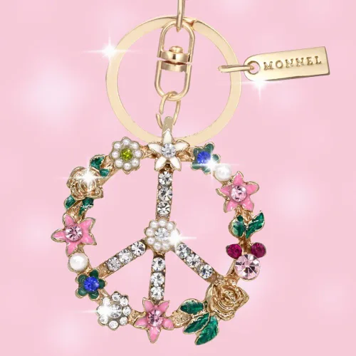 Vista 2 de Bling Crystal Flower Peace Sign Llavero Embalaje Creativo MZ843-1