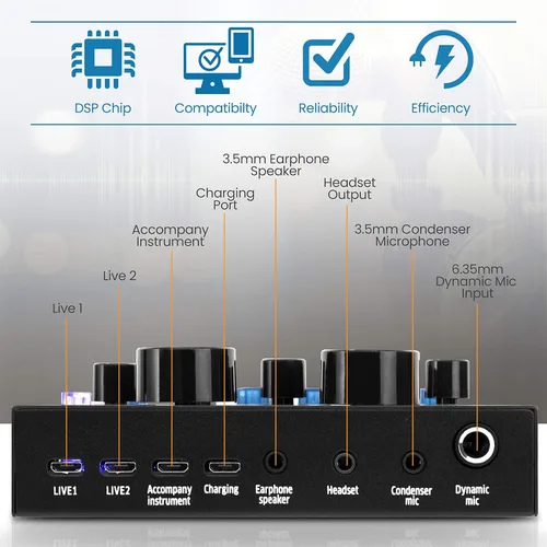 Vista 5 de Pyle Mini mezclador de podcast de audio Bluetooth - Transmisión en vivo para computadora de PC, iPhone, cambiador de voz, tarjeta de sonido V8