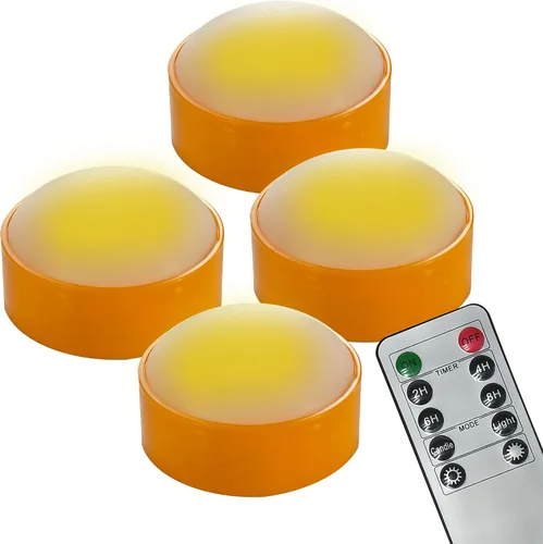Vista 7 de Paquete de 2 luces LED de calabaza de Halloween con control remoto y temporizador, color naranja, parpadeante, funciona con pilas, velas eléctricas