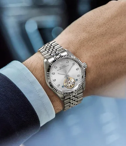 Vista 6 de BUREI Reloj automático de lujo para hombre, resistente al agua, reloj mecánico, correa ajustable de dos tonos de acero inoxidable