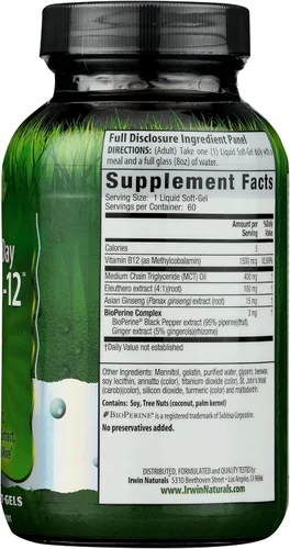 Vista 5 de Irwin Naturals Vitamina de metilcobalamina de alta potencia Mega B-12 de 1,500 mcg, absorción rápida y mejorada con MCT + ginseng asiático, impulso