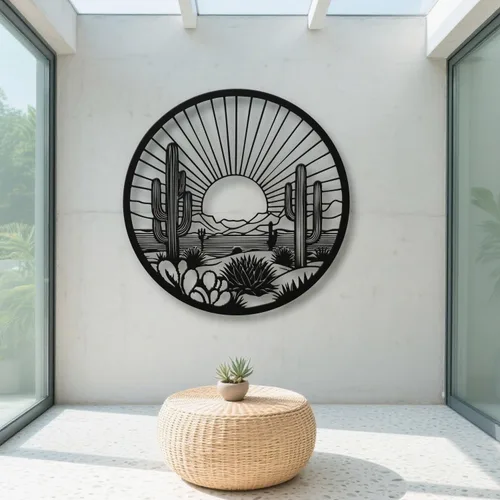 Vista 3 de Arte de pared de metal de cactus del desierto, decoración de pared redonda del desierto con diseño de cactus y puesta de sol, arte de pared de metal