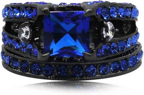Vista 4 de Juego de anillos de matrimonio con circonias cúbicas de corte princesa de color azul y negro