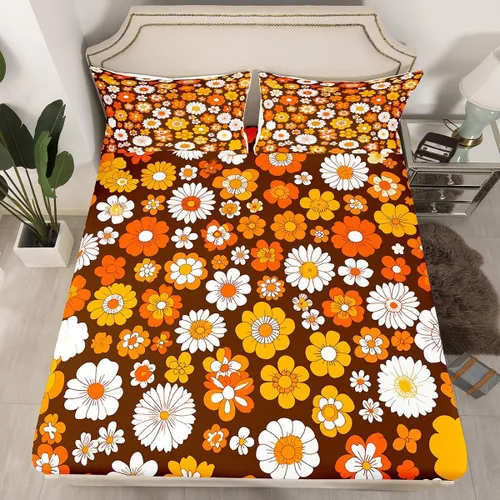 Vista 2 de Feelyou Juego de sábanas Groovy de los años 60 y 70 para niños, diseño retro de flores hippie con bolsillo profundo, sábana bajera vintage, bohemio