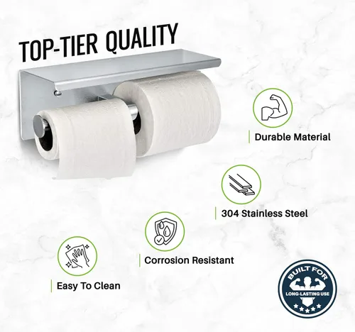 Vista 6 de Alpine - Soporte de papel higiénico doble con estante - Soporte de papel higiénico de acero inoxidable cepillado de doble rollo resistente a