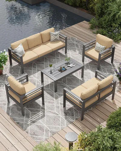 Vista 15 de AECOJOY Juego de muebles de patio de aluminio, muebles modernos de exterior de 5 asientos con mesa auxiliar, 4 piezas de sofá seccional