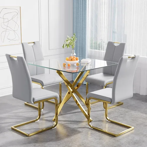 Vista 17 de Juego de mesa de comedor de 36 pulgadas para 4, moderna parte superior cuadrada de vidrio templado, mesa de patas de acero inoxidable con acabado