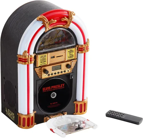 Vista 8 de Athena - Mini Jukebox/reproductor de CD de mesa, altavoz Bluetooth, radio/reproductor de tarjetas USB y SD con sistema de iluminación LED retro