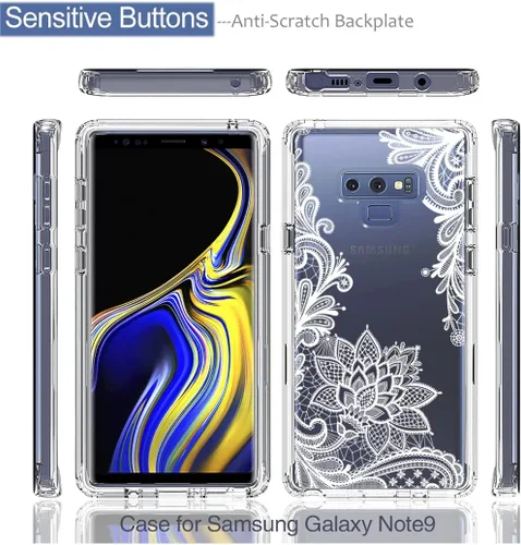 Vista 5 de Funda para Galaxy Note 9, Samsung Note 9 N960U con protector de pantalla de vidrio templado, patrón de mandala transparente, funda protectora