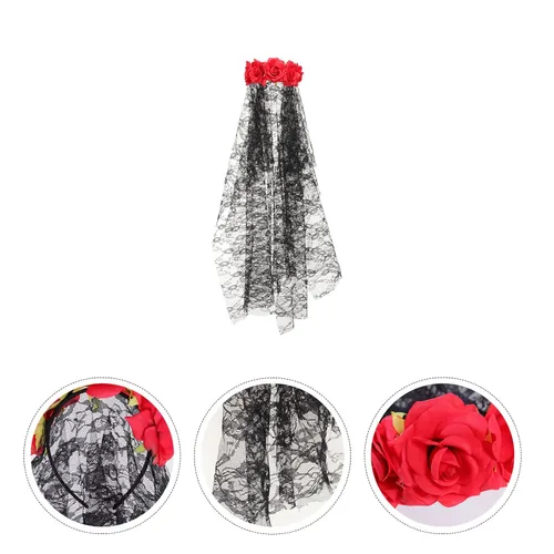 Vista 5 de Beaupretty Diadema de rosas con diseño floral, diadema de Halloween, velo rosa, disfraz para niñas, cosplay, Halloween, tocado de tela, flores