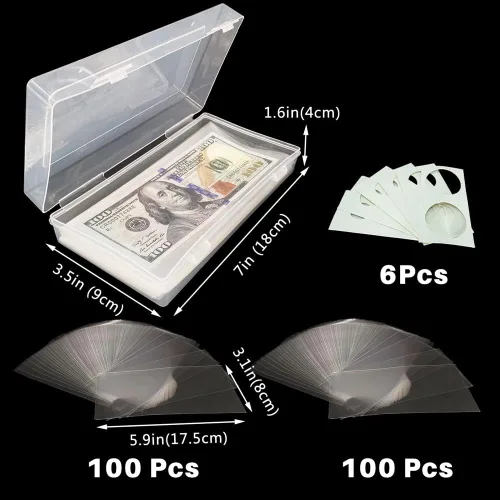 Vista 2 de Smatagee 200 fundas de plástico transparente para billetes con caja de almacenamiento, protector de láminas para moneda, dinero, billetes, billetes
