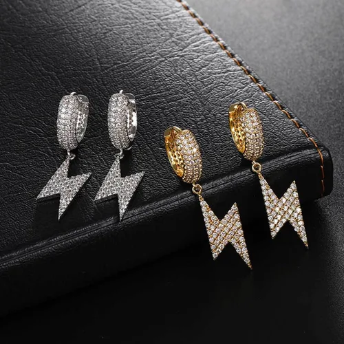 Vista 8 de Shcyee Aretes de relámpagos helados a la moda, hip hop, aretes de aro grueso con circonita cúbica para mujeres y hombres, regalo de joyería unisex