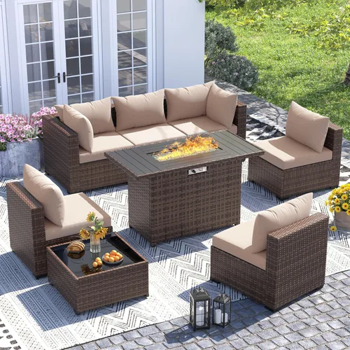Vista 11 de UDPATIO Muebles de exterior 7 piezas de mimbre para patio, cojín Beige