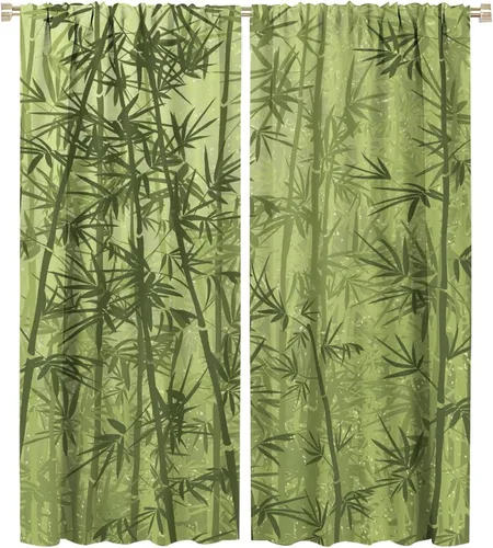 Vista 22 de Cortinas con estampado de bambú, tallos y hojas de bambú, temática oriental natural, oscurecimiento de habitación, ventana, ventana, cortina