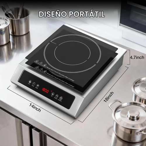 Vista 6 de Placa de cocción de inducción comercial de 1800 W, quemador eléctrico de encimera de acero inoxidable de 120 V con panel táctil digital