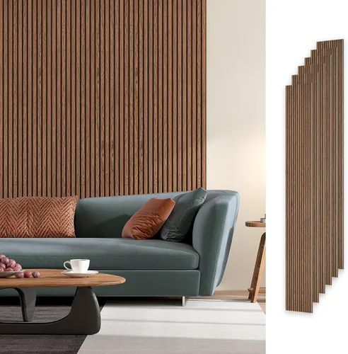 Vista 19 de SMARTSTANDARD Paneles de pared acústicos de muestra en madera, panel de pared insonorizado, panelado de listones de madera estriado en 3D para Roble