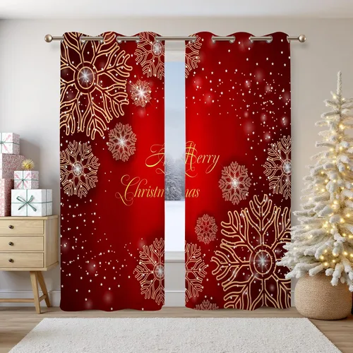 Vista 7 de Renaiss Cortinas opacas de Navidad con tablones de madera rústica para dormitorio, con ojales, estampado de copos de nieve navideños, cortinas