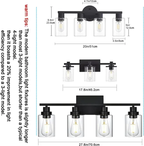 Vista 5 de Lámpara de tocador de baño de 4 luces, lámparas de baño negro mate con pantalla de vidrio transparente, 4 luces de tocador, accesorios