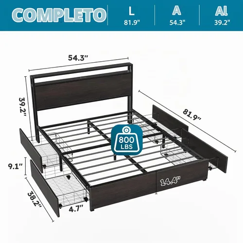 Vista 3 de Kiivakii Base de cama de tamaño matrimonial con cabecero, plataforma LED con 4 cajones de almacenamiento, estación de carga integrada, sin ruido