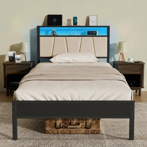Vista 10 de Z-hom Base de cama matrimonial tapizada de fácil montaje y cabecera Beige
