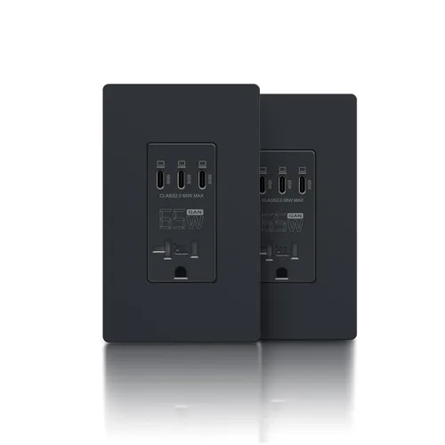 Vista 11 de TOPELER Tomacorriente USB de pared negra, tomacorriente USB de carga ultrarrápida GaN de 65W para laptop, receptáculo resistente a manipulaciones
