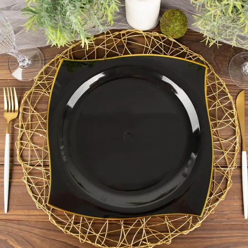Vista 11 de Efavormart - Paquete de 10 platos cuadrados de postre de plástico con borde ondulado blanco y dorado de 8 pulgadas, elegante vajilla desechable