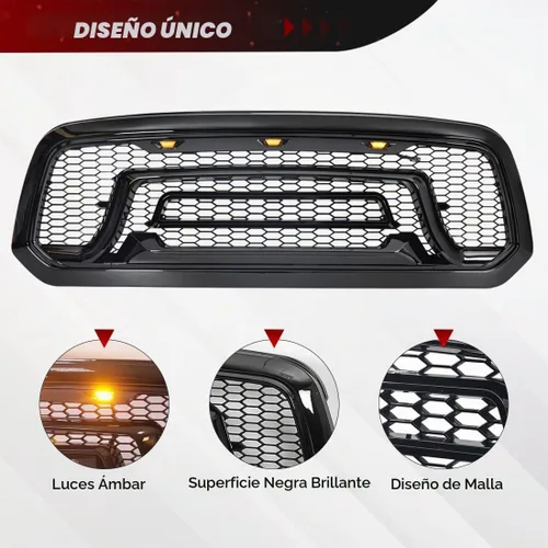 Vista 4 de Rejilla frontal negra brillante compatible con Dodge Ram 1500 2013-2018, Ram 1500 Classic 2019-2023, con luces ámbar (sin letra "RAM")