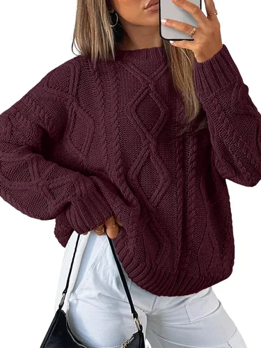 Vista 20 de Trendy Queen Suéteres de punto trenzado de gran tamaño para mujer, trajes Verde militar