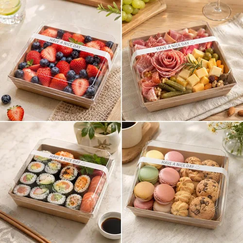 Vista 6 de Paquete de 25 cajas de embutidos con tapas transparentes, mini recipientes de papel desechables para alimentos (5 pulgadas), adecuados para postres