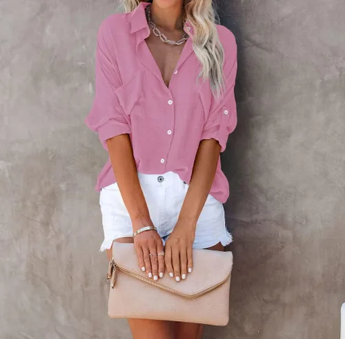 Vista 3 de Diosun Camisas con botones para mujer, cuello en V, manga larga, enrollables, sueltas, lisas, con bolsillos