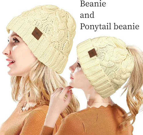 Vista 2 de Rosoz Gorro de cola de caballo para mujer, gorro cálido de invierno, suave, elástico, de punto trenzado, para moño alto