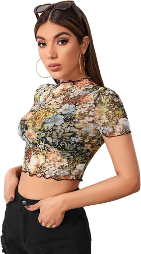 Vista 7 de Sweatyrocks - Blusa de manga corta de tela de malla transparente para mujer Mármol
