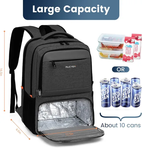 Vista 3 de Mochila de almuerzo, mochila con aislamiento térmico para hombres y mujeres, mochila para portátil con protección RFID y puerto USB, Negro, 15,6