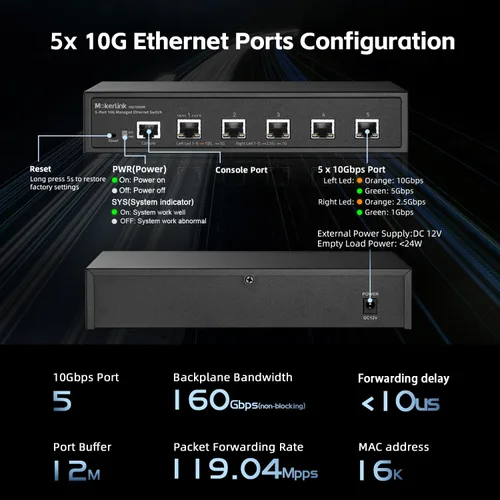Vista 3 de MokerLink Interruptor Ethernet gestionado 10G de 5 puertos, 10G/5G/2.5G/1G auto-adaptativo, L3 Web/CLI gestionado, escritorio de metal Interruptor