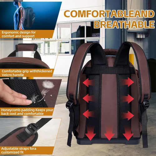Vista 5 de Mochila para herramientas, mochila resistente con base moldeada impermeable, paquete de trabajo para electricistas con múltiples bolsillos