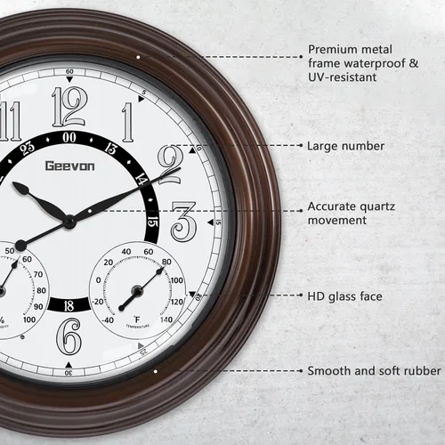 Vista 2 de Geevon Relojes iluminados para interiores y exteriores, impermeables, de 18 pulgadas, con sensor inteligente, reloj de pared grande con termómetro e