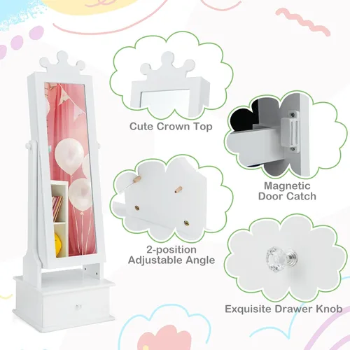 Vista 5 de GOFLAME Armario de joyería para niños, armario de joyería para niños con espejo de longitud completa y cajones de almacenamiento, organizador