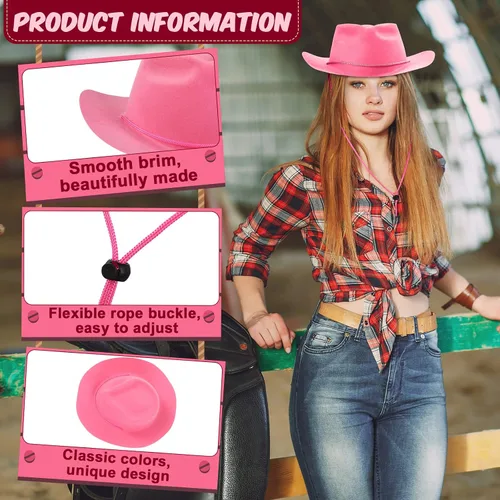 Vista 4 de Hicarer Juego de 12 sombreros de vaquero occidentales de fieltro de ala ancha, sombreros de fiesta de vaquera para hombres, mujeres, adultos, fiesta