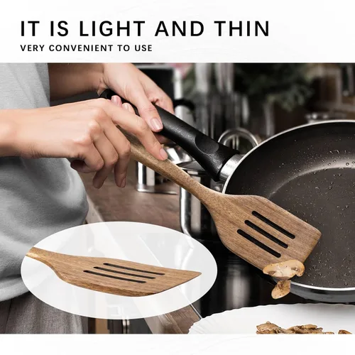 Vista 4 de Juego de 2 espátulas de madera para cocinar, espátulas de madera de 12 pulgadas con espátula de madera plana y espátula ranurada, utensilios