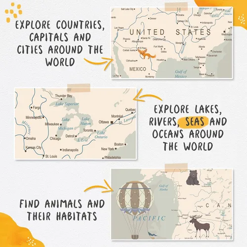 Vista 5 de Papel tapiz infantil con diseño de mapa del mundo con animales - Mural