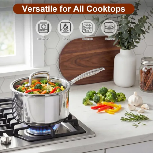 Vista 3 de Cook N Home Cacerola de acero inoxidable de 1.5 cuartos, tri-capa completamente revestida con tapa de vidrio, color plateado