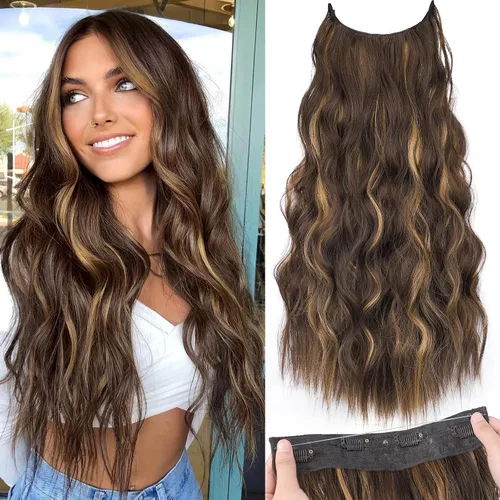 Vista 22 de KooKaStyle - Extensiones de cabello con hilo invisible, diadema transparente, ajustables, 4 clips fijadores, cabello largo y ondulado de 12