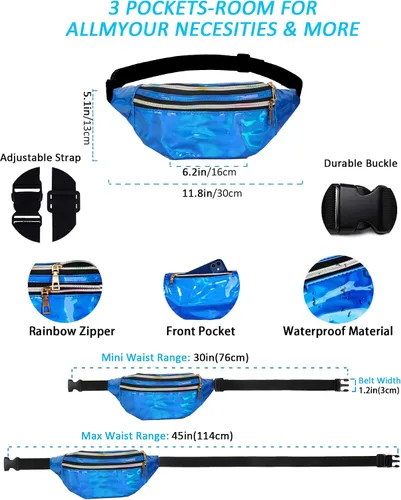 Vista 2 de Riñonera holográfica de los años 80 lentes de sol rectangulares retro para mujer muñequeras de punto neón para yoga correr senderismo viajes Azul