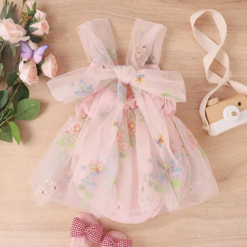 Vista 3 de ODASDO Mameluco de tul para bebé niña con bordado de flores, body de princesa con diadema, fiesta de cumpleaños, traje de pastel