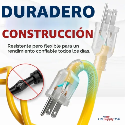 Vista 3 de Cable de extensión SJT de 12/3 300 V con luz LED para uso en interiores y exteriores con enchufe con iluminación LED Amarillo