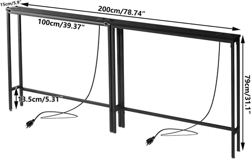Vista 3 de IBUYKE Paquete de 2 mesas de consola angostas largas con tomas de corriente, puertos USB, mesa de entrada industrial de madera con estación de carga