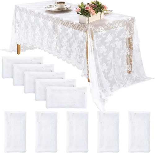 Vista 8 de Chumia Mantel rectangular de encaje de 60 x 120 pulgadas, mantel rústico superpuesto con rosa bordado vintage para boda, recepción, fiesta