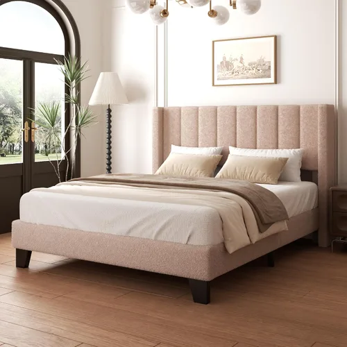 Vista 15 de Base de cama tamaño matrimonial con cabecero, marco de cama plataforma tapizado con cabecero de terciopelo tipo osito de peluche, soporte